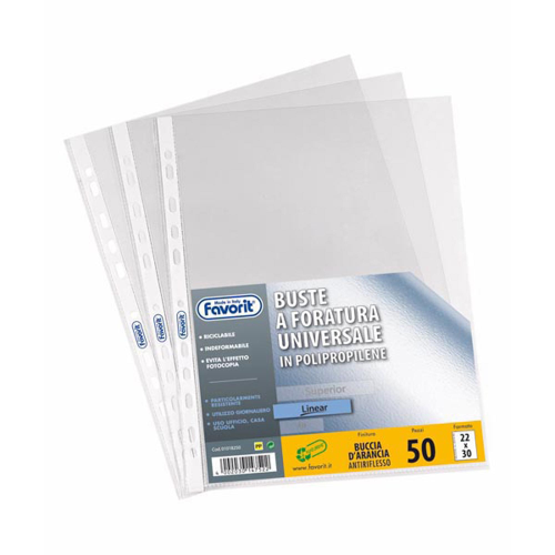 FAVORIT LINEAR BUSTE CON FORATURA UNIVERSALE IN PP CM 22X30 BUCCIA D'ARANCIA TRASPARENTE CONF 50 Pz.